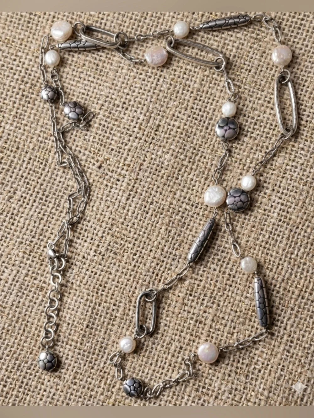 Brighton PEBBLE PEARL Silver Oval Barrel Links Long Necklace, NWOT 2496 - Picture 2 of 2